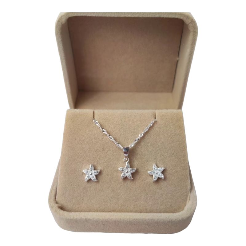 GENERICO - Conjunto cadena y aros con tope flor con circones de plata 925