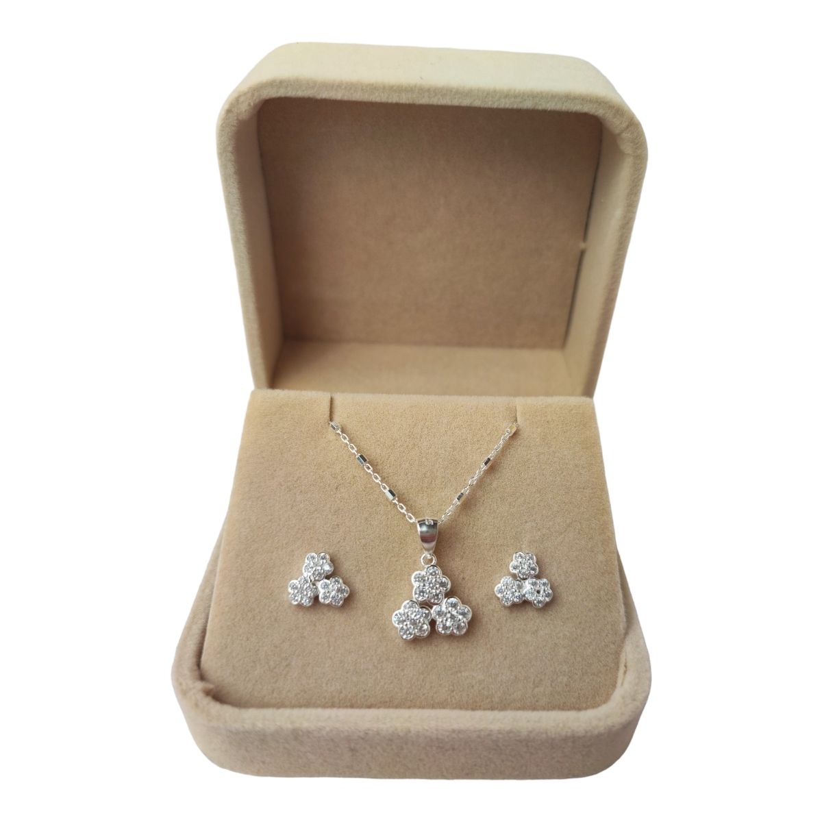 GENERICO - Conjunto cadena, colgante y aros flores con circones de plata 925