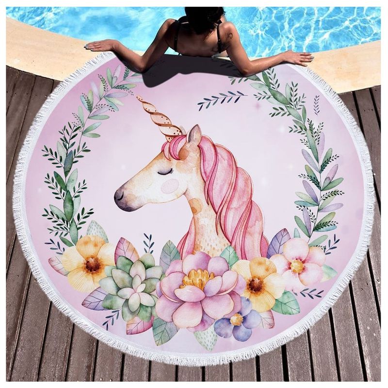 GENERICO - Manta tipo Toalla Redonda Unicornio y Flores
