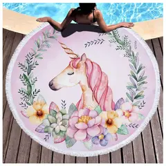 GENERICO - Manta tipo Toalla Redonda Unicornio y Flores