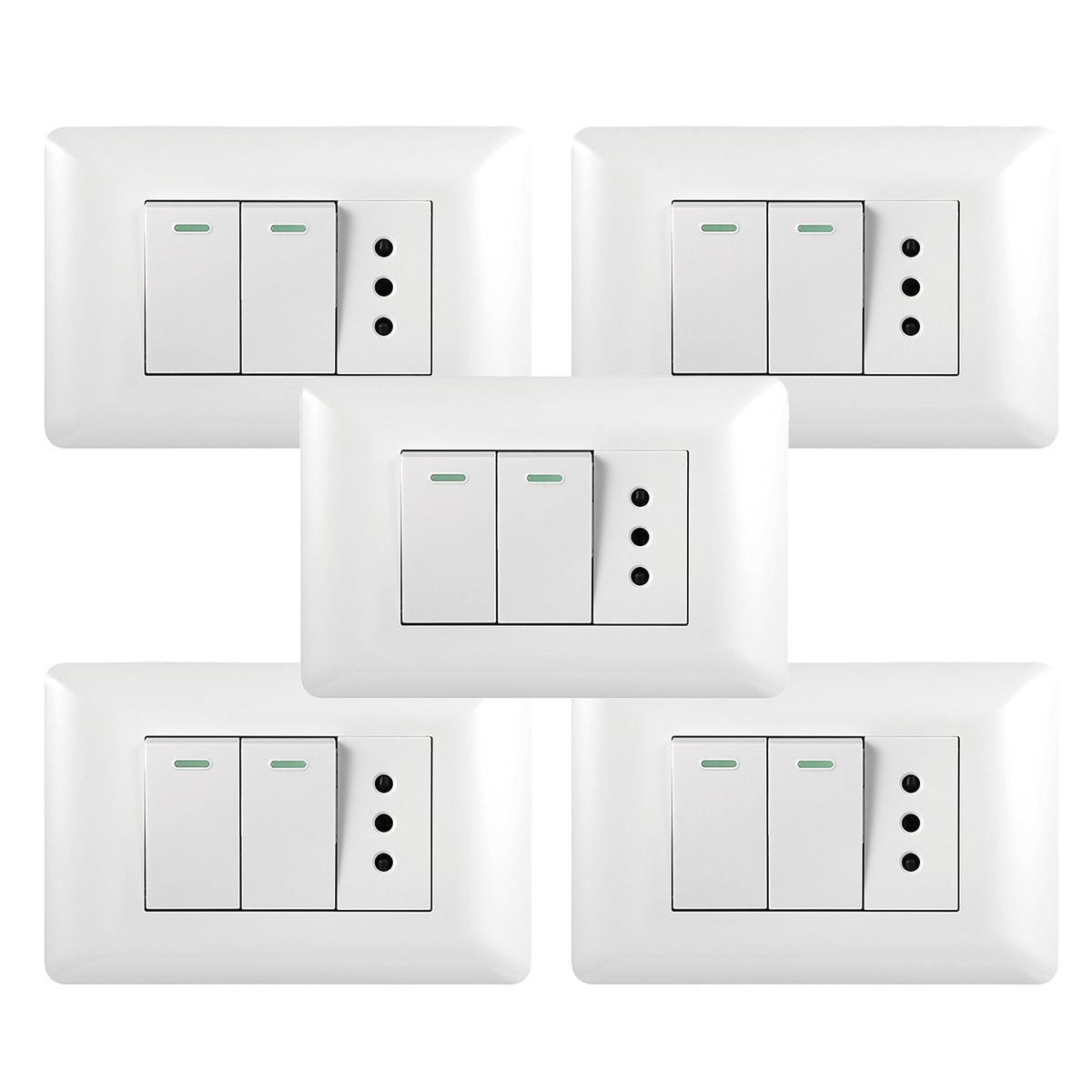 WANT - Pack 5 Tomacorriente Simple 10A 250V + Interruptor Doble 9/12 10A 250V