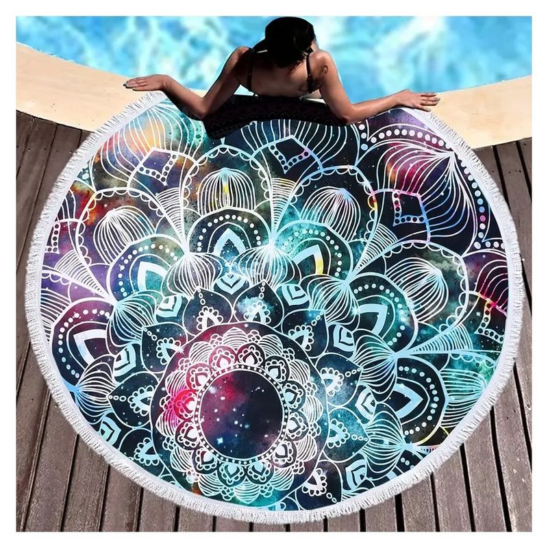 GENERICO - Manta tipo Toalla Redonda Mandala Universo con Flecos