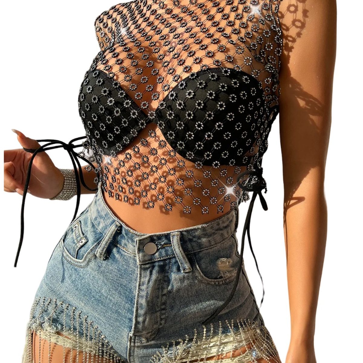 GARSIL - Crop Top Tipo Malla Con Brillos Polera Para Mujer Ajustable