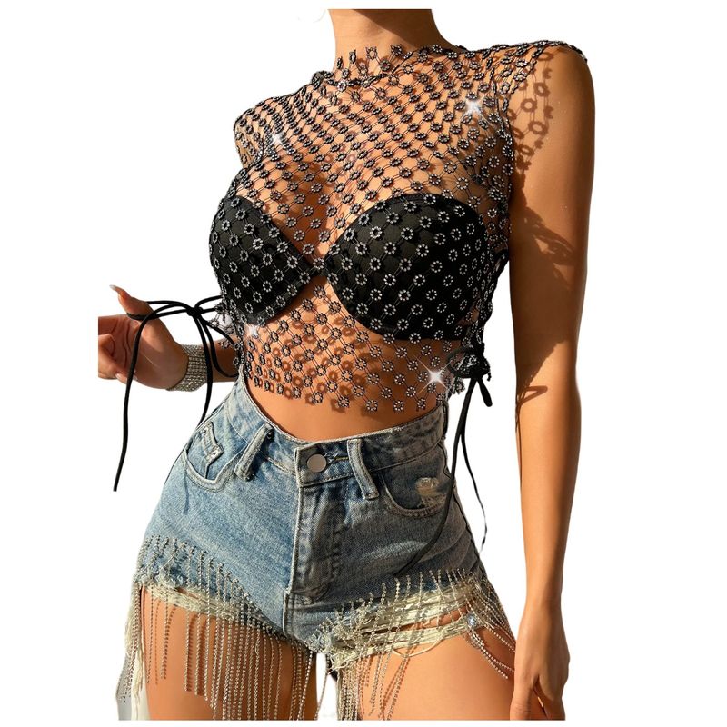 GARSIL - Crop Top Tipo Malla Con Brillos Polera Para Mujer Ajustable