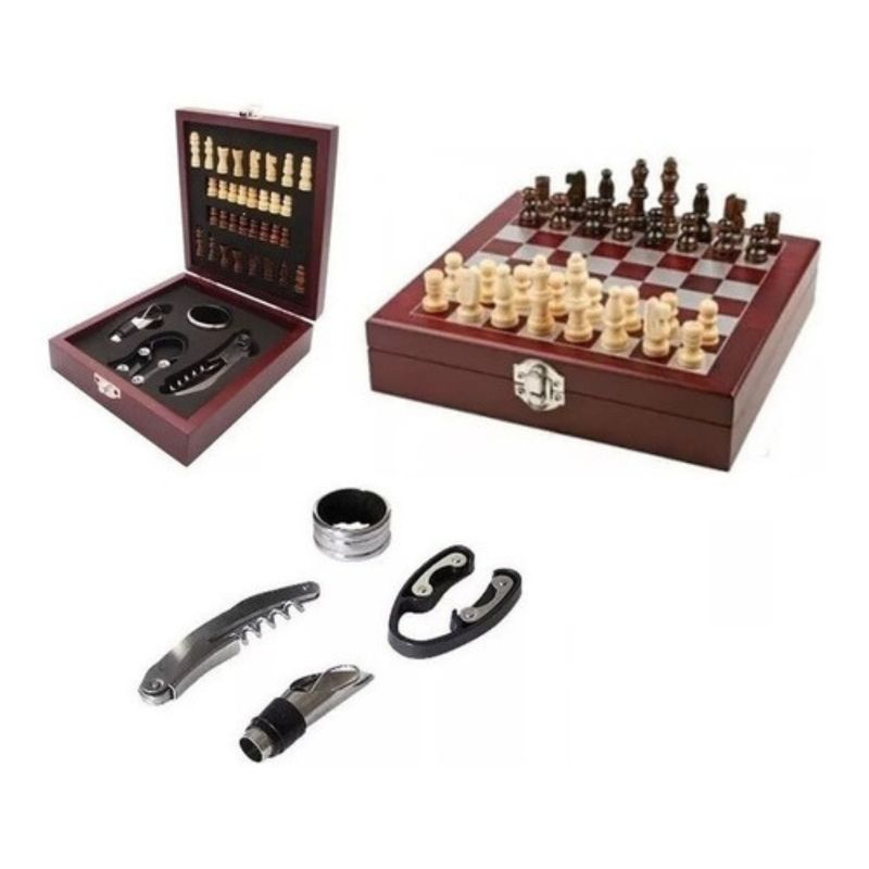 GENERICO - Set Juego De Ajedrez + 5 Accesorios De Vino Sacacorcho Y Más