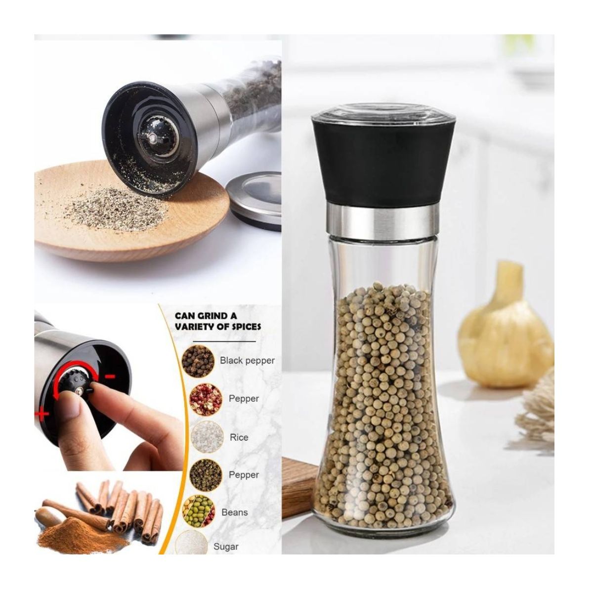 GENERICO - Molinillo Manual De Sal Y Pimienta De Vidrio Rellenable