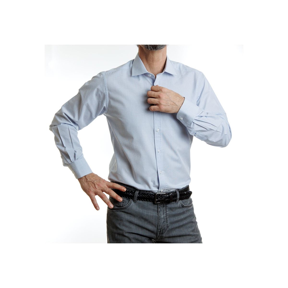VANDINE - Camisa Etiqueta Negra con textura y mini cuadros celestes Slim V24-1 VANDINE