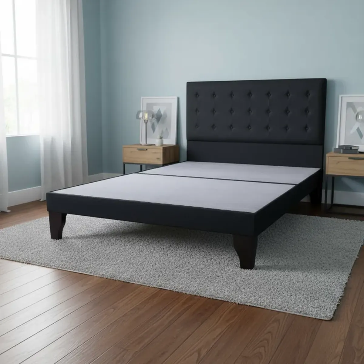 FLOBAL - Cama Europea 2 Plazas Base Dividida + Respaldo Abotonada Negra