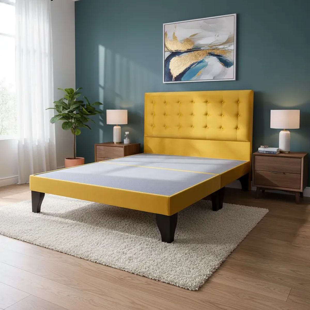 FLOBAL - Cama Europea 2 Plazas Base Dividida + Respaldo Abotonado Mostaza