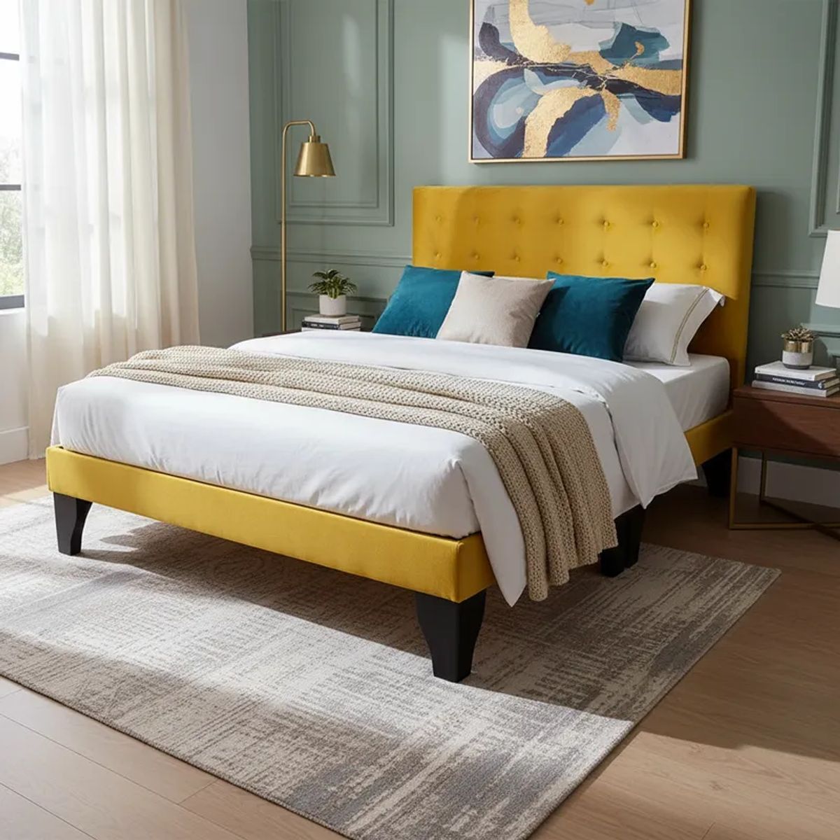 FLOBAL - Cama Europea 2 Plazas Base Dividida + Respaldo Abotonado Mostaza