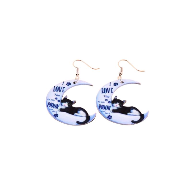 GENERICO - Pendientes largos con estampado de gato y luna