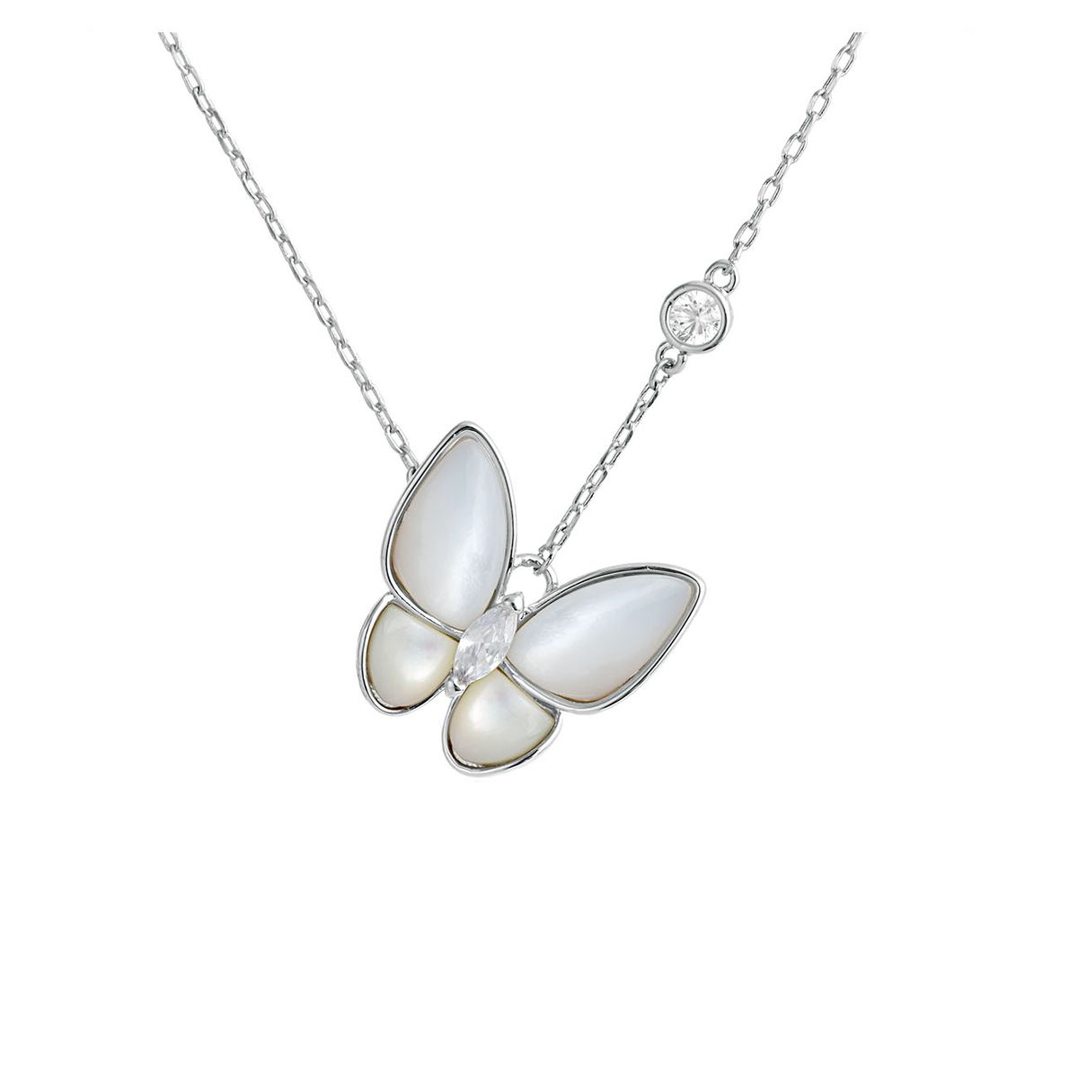 VANE COLLECTION - Collar para mujer cadena fina colgante mariposa en madre perla, baño rodio y circón
