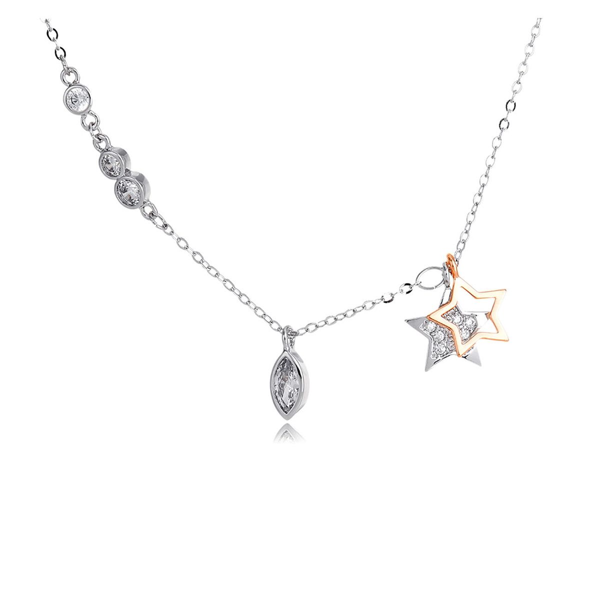 VANE COLLECTION - Collar para mujer cadena fina corto colgante estrellas y circón baño de rodio y oro rosado