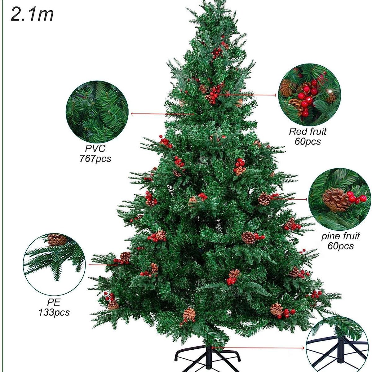 GENERICO - arbol navidad con frutos rojos y piñas 210cm doble hojas frondoso