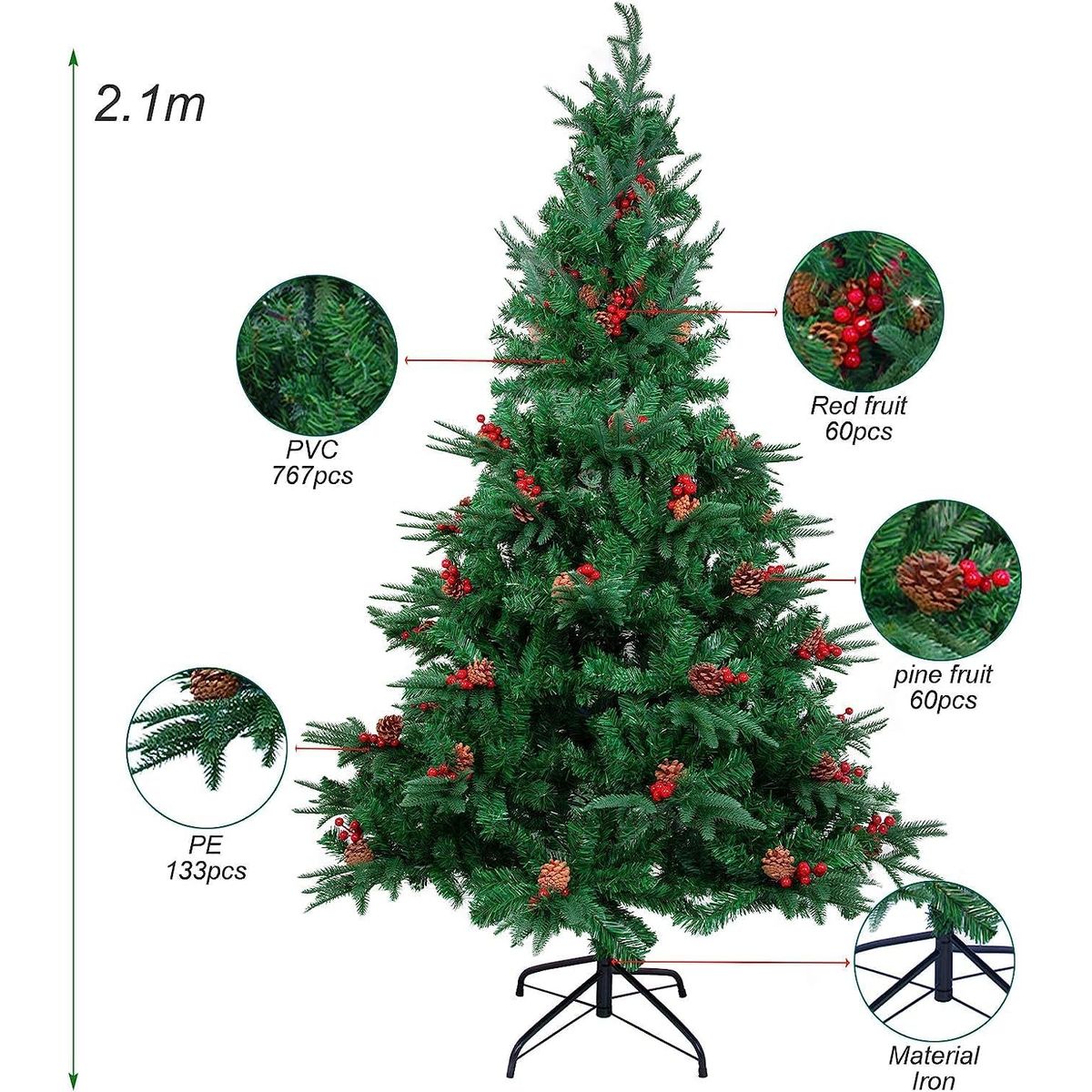 GENERICO - arbol navidad con frutos rojos y piñas 210cm doble hojas frondoso