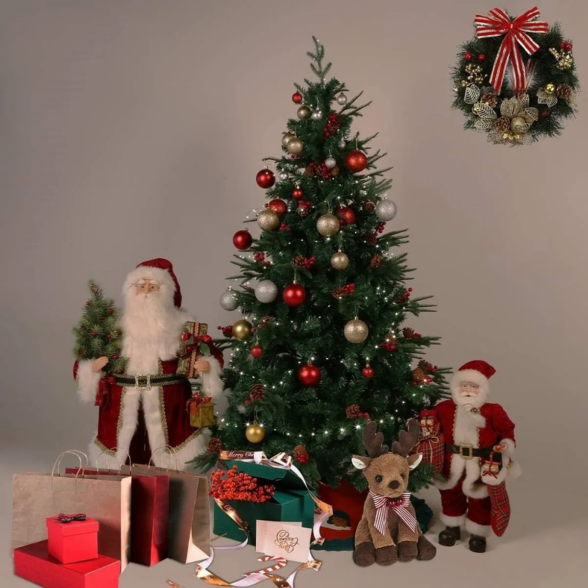 GENERICO - arbol navidad con frutos rojos y piñas 210cm doble hojas frondoso