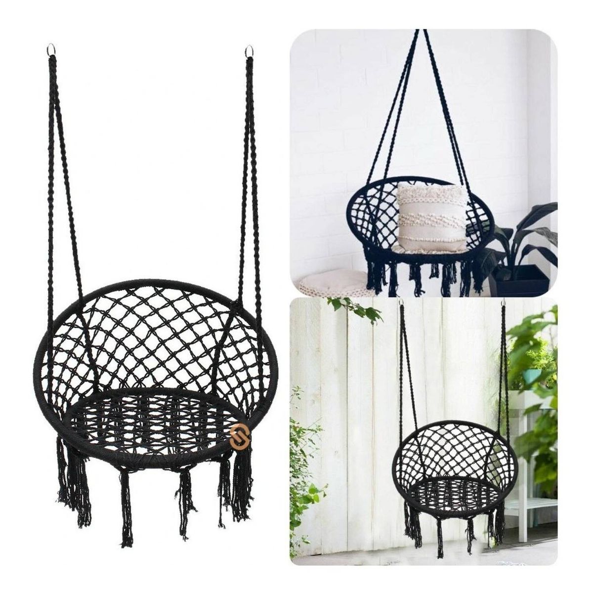 GENERICO - Silla Hamaca Colgante Tejida Columpio Interior Terraza - Color Negro