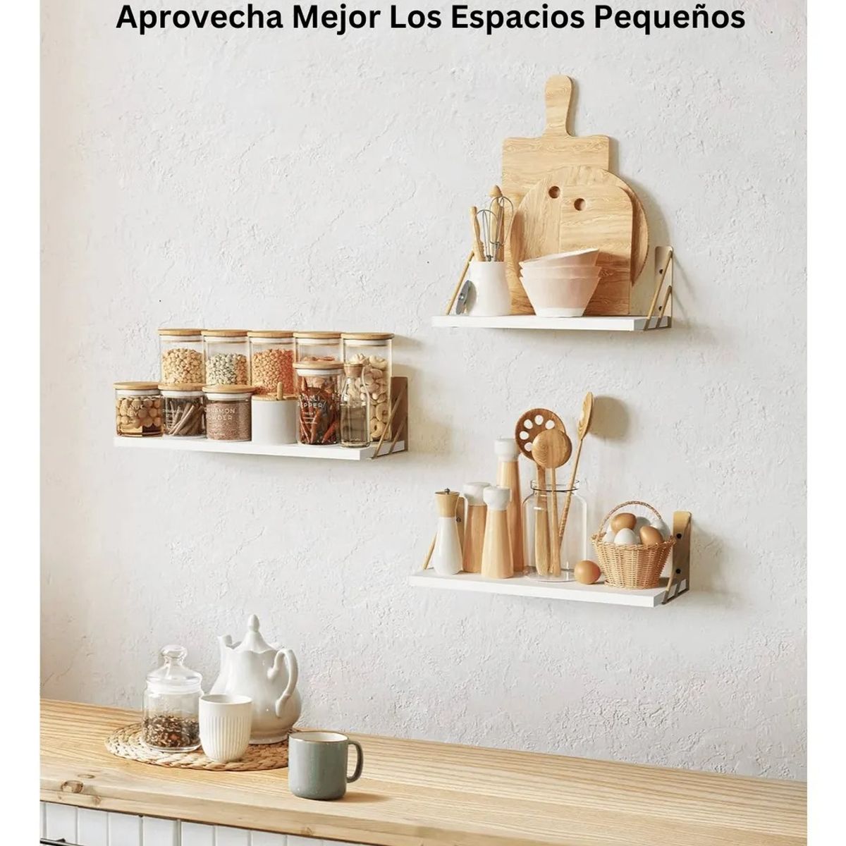 GENERICO - Repisas Flotantes De Madera KIT X3 Estantes Blanco con Dorado