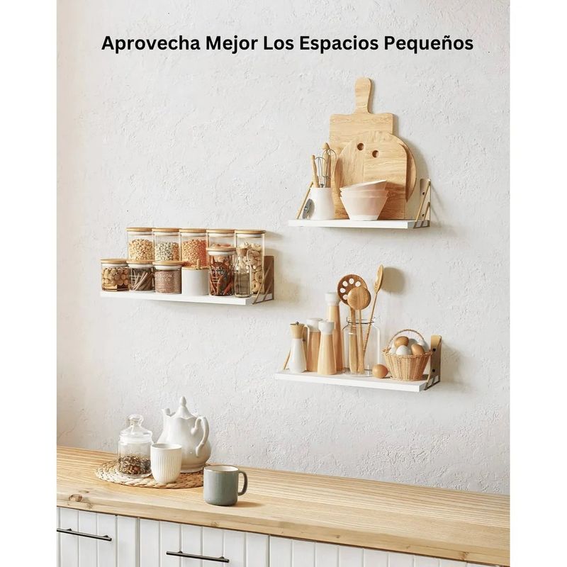 GENERICO - Repisas Flotantes De Madera KIT X3 Estantes Blanco con Dorado