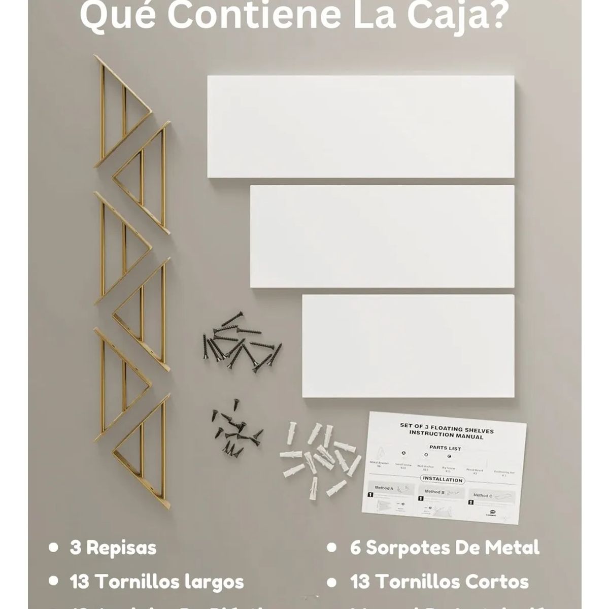GENERICO - Repisas Flotantes De Madera KIT X3 Estantes Blanco con Dorado