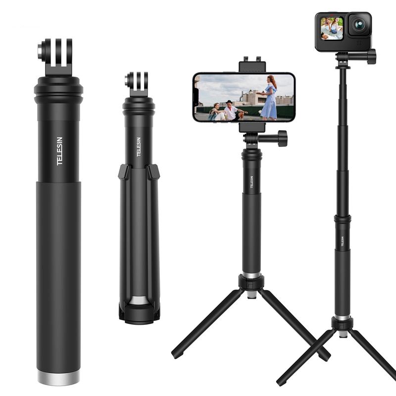 TELESIN - Bastón aluminio con trípode y clip smartphone para GoPro Insta360 etc