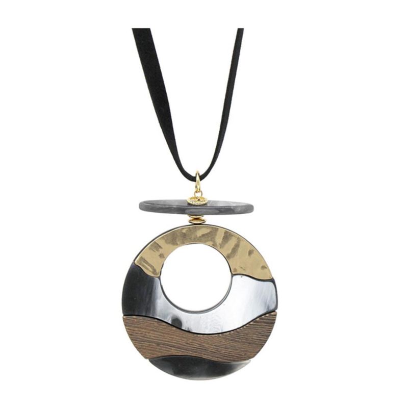 VANE COLLECTION - Collar mujer diseño medallón y colgante olas en metal y madera