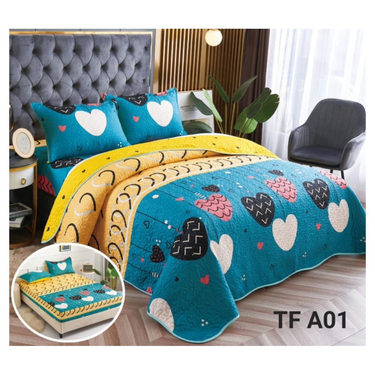 GENERICO - CUBRECAMAS 5 PIEZAS CON SABANAS