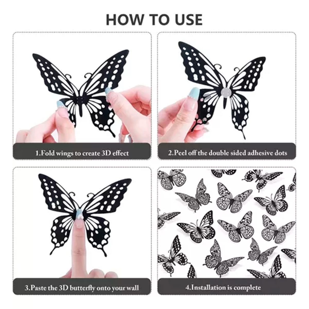 GENERICO - Set 24 Mariposa 3D Decoración Para Pared Negro