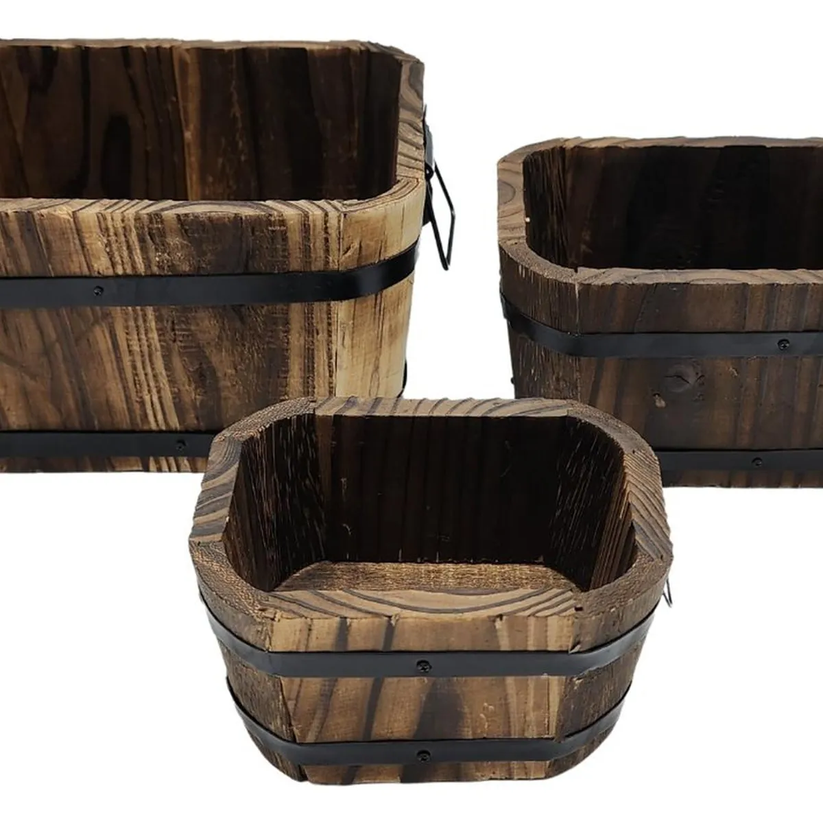 GENERICO - Set 3 Maceteros De Madera Tipo Barril Rectangular De Jardin