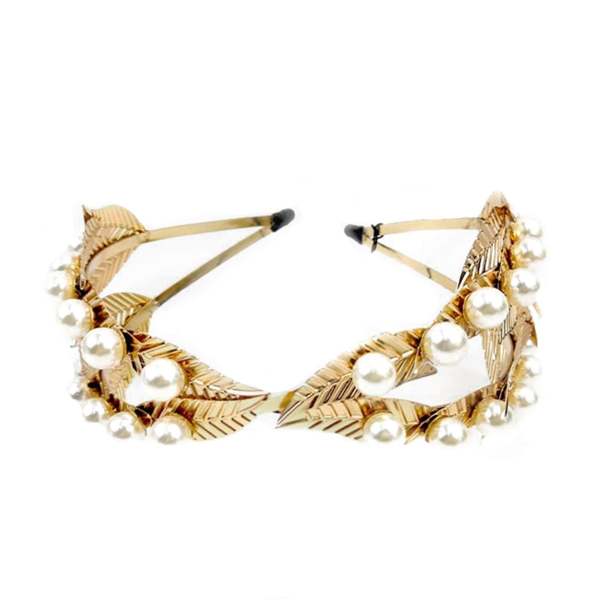 VANE COLLECTION - Cintillo mujer metálico dorado hojas y perlas