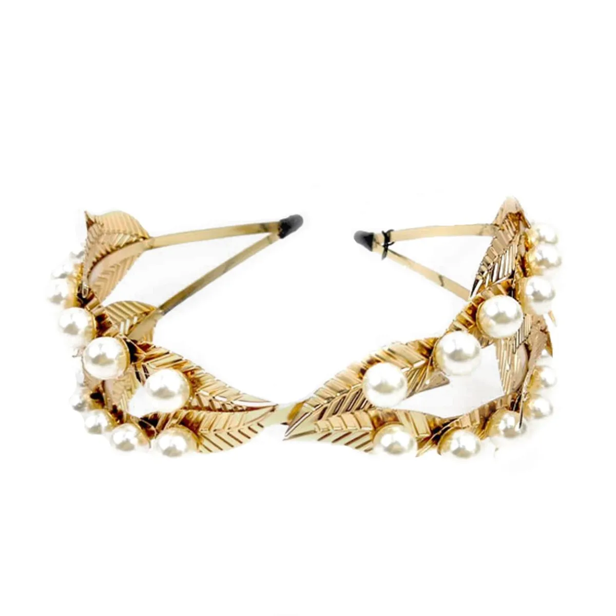 VANE COLLECTION - Cintillo mujer metálico dorado hojas y perlas