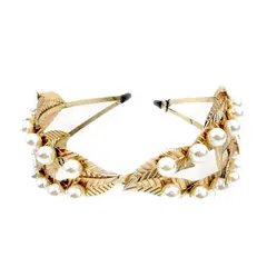 VANE COLLECTION - Cintillo mujer metálico dorado hojas y perlas