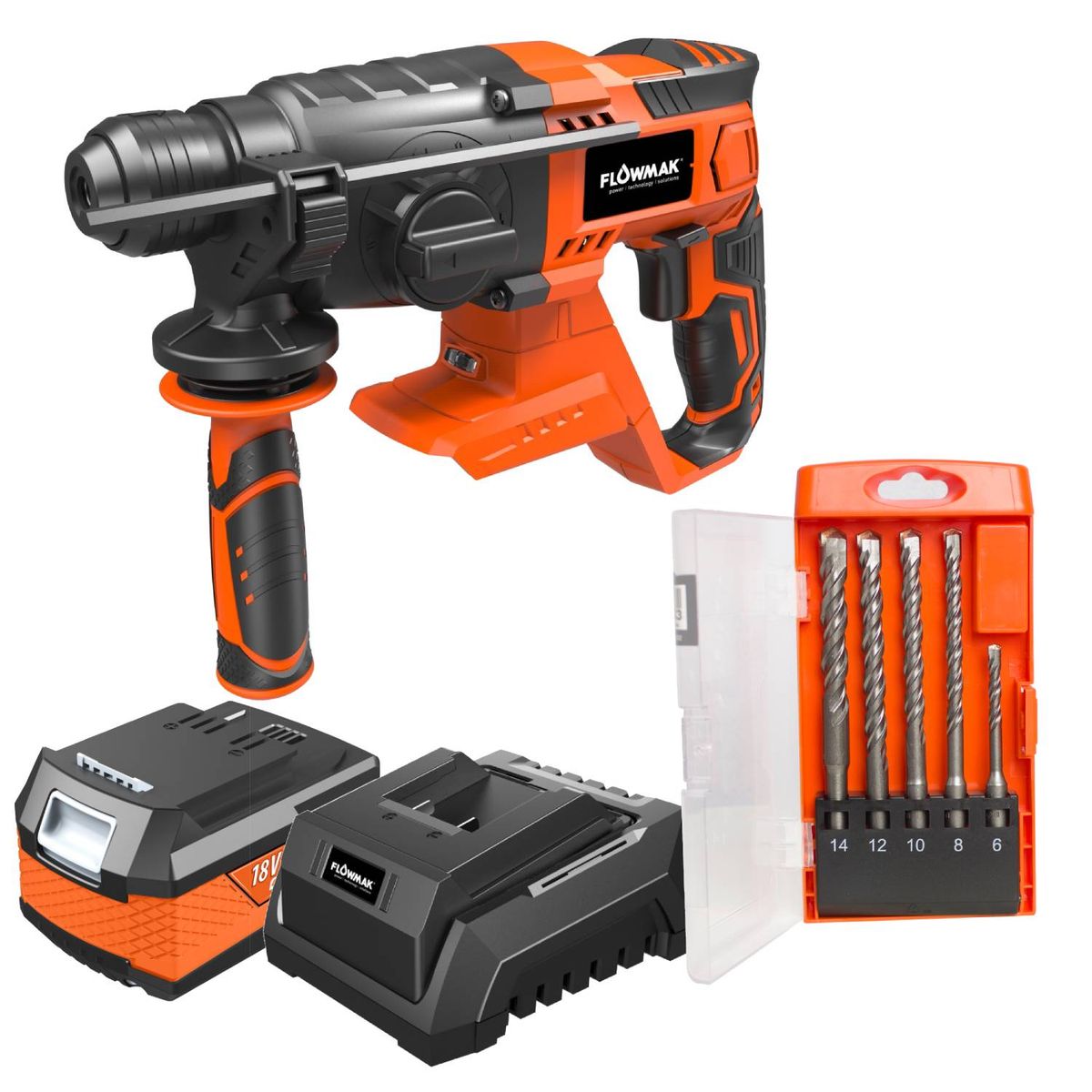 FLOWMAK - Kit Rotomartillo Inalámbrico y Set 5 brocas