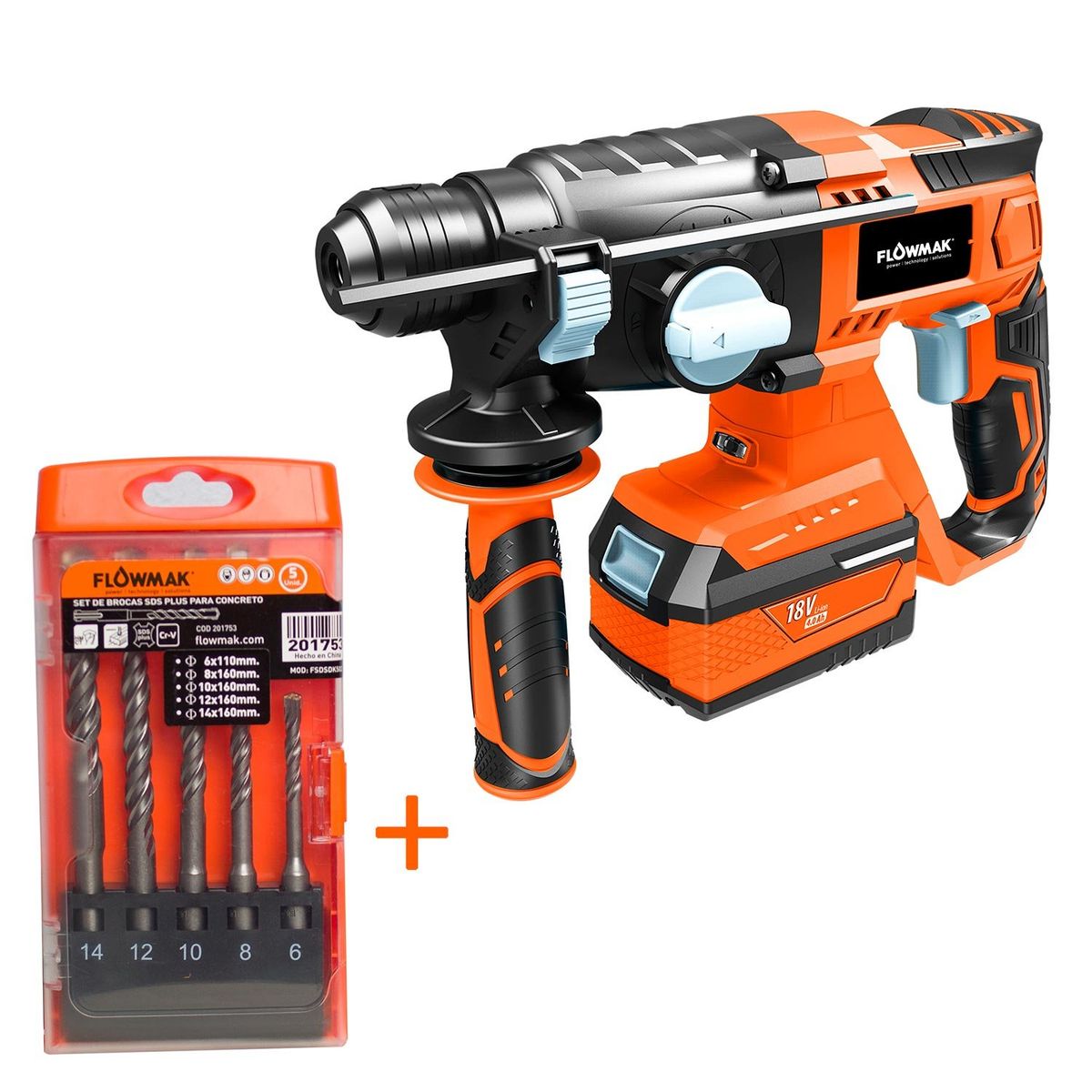 FLOWMAK - Kit Rotomartillo Inalámbrico y Set 5 brocas