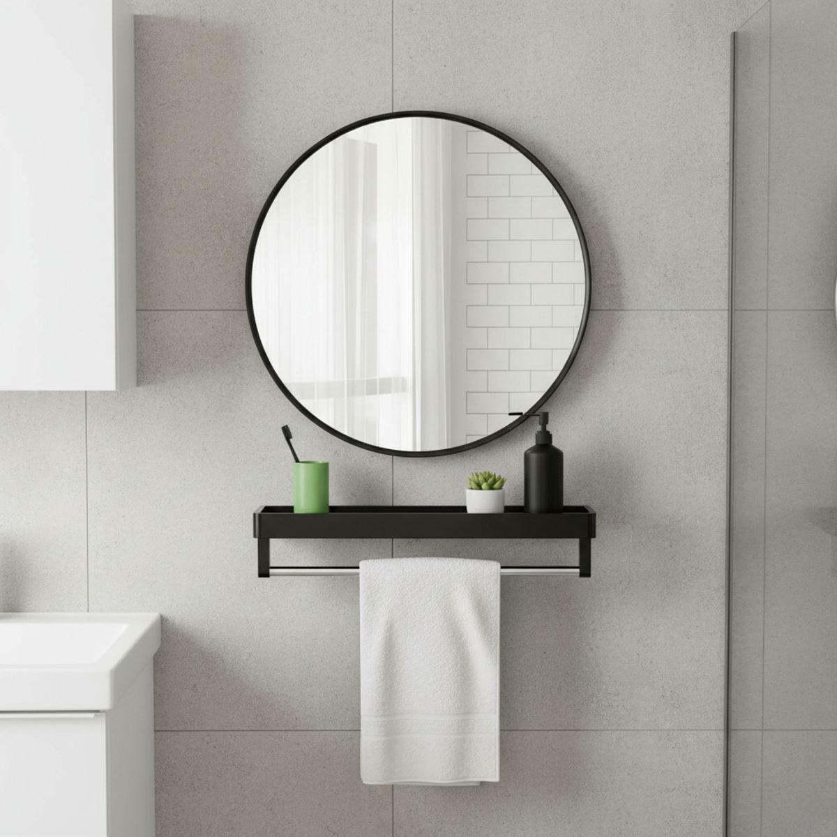 HALMAN - Espejo de Pared Redondo con Repisa para Baño o Entrada