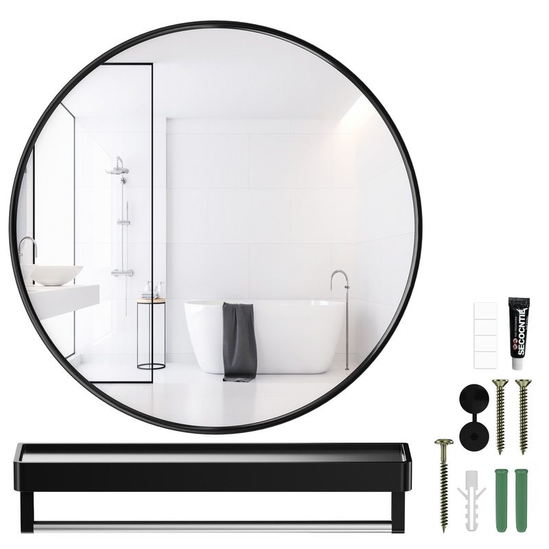 HALMAN - Espejo De Pared Redondo Marco De Metal Con Estantes 50cm