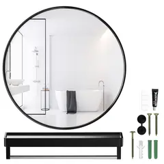 HALMAN - Espejo De Pared Redondo Marco De Metal Con Estantes 50cm