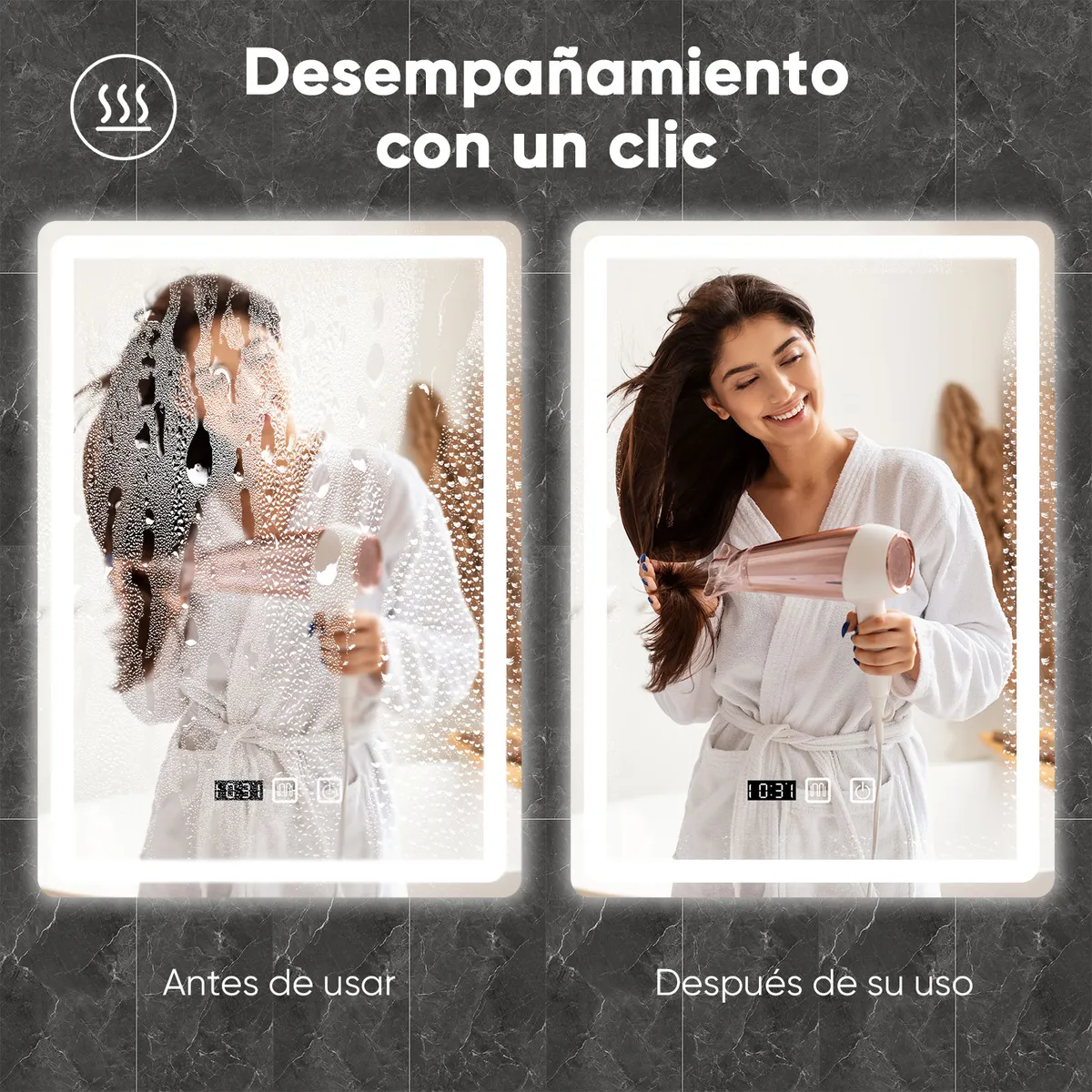 HALMAN - Espejo LED Redondo Antivaho Touch 3 Tonos 50 x 70cm