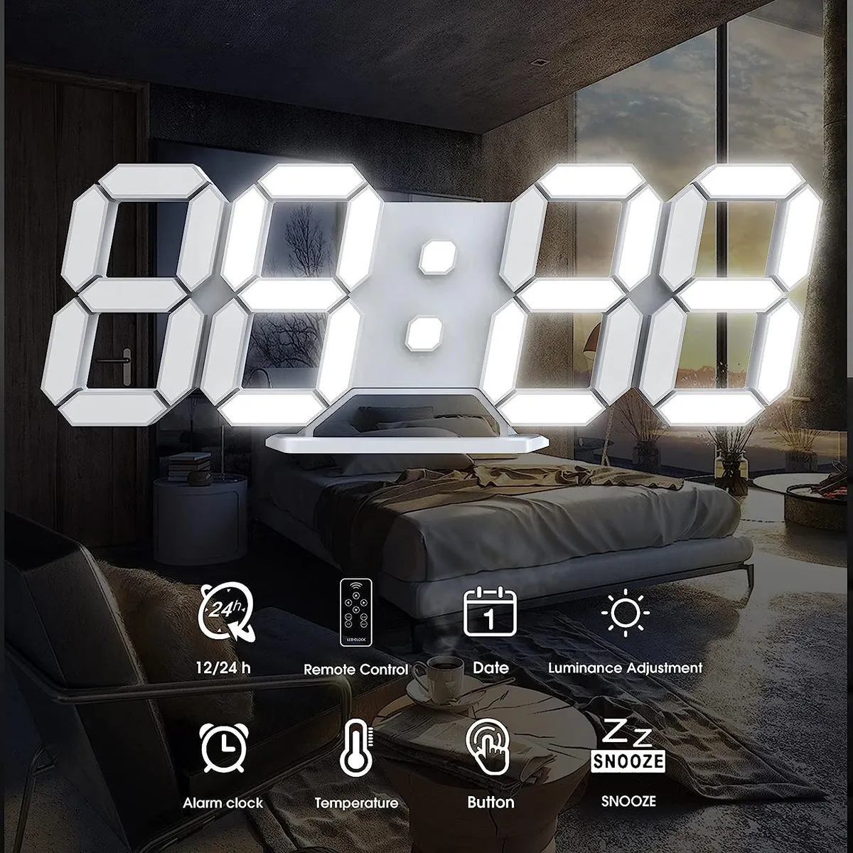 PAGANOOM - Alarma Digital LED 3D Reloj de Pared Luz Blanca-Blanco