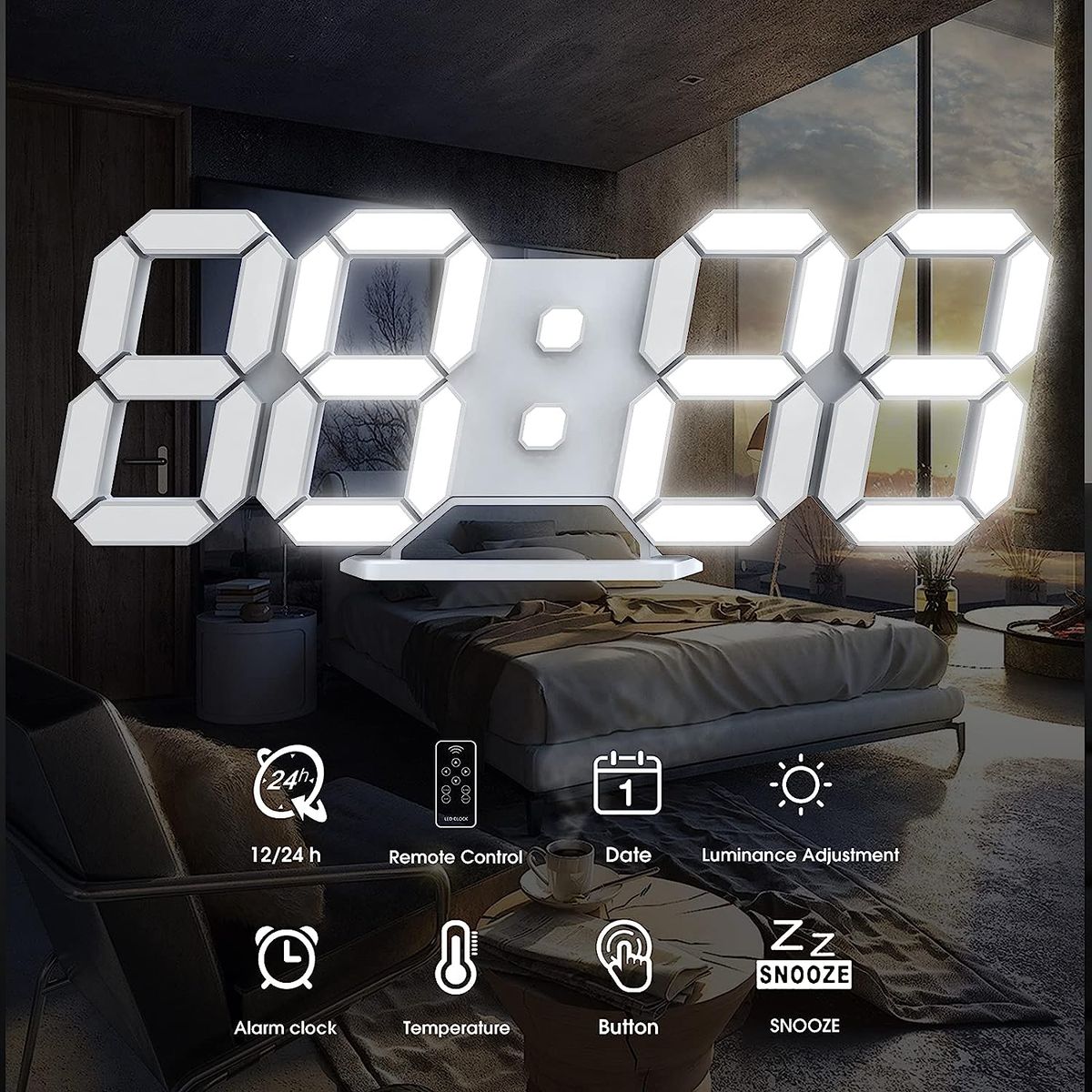 PAGANOOM - Alarma Digital LED 3D Reloj de Pared Luz Blanca-Blanco Negro