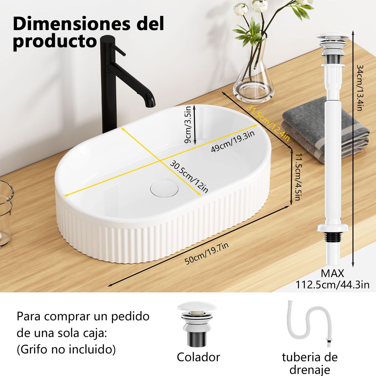 HALMAN - Lavamanos Sobreponer Elipses CeráMica  50x31cm + Desagüe