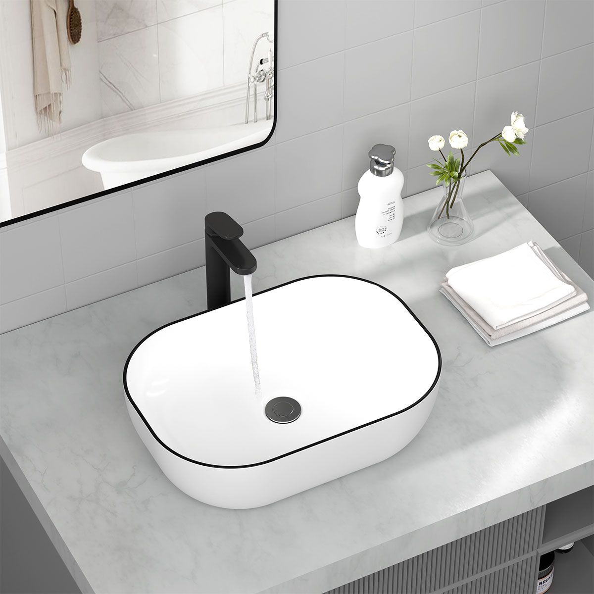 HALMAN - Lavamanos Sobreponer Elipses CeráMica  46x33cm + Desagüe