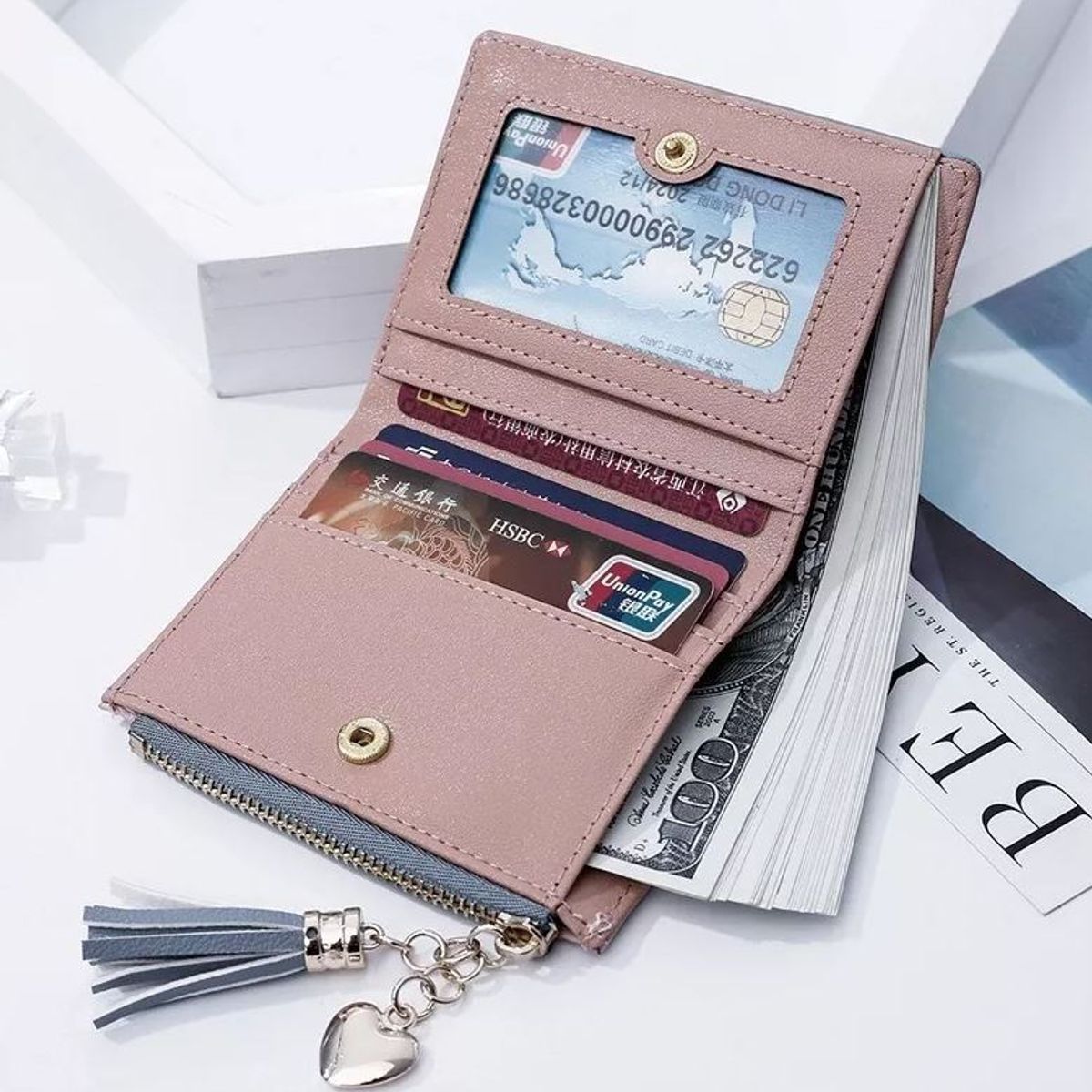 BJ HOGAR - Billetera Tarjetero Monedero Elegante De Mujer Eco Cuero Rosagris