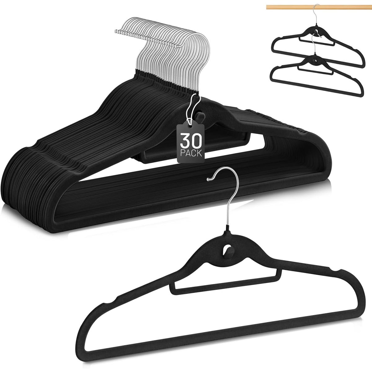 GENERICO - Colgadores De Ropa Set 30 Terciopelo Antideslizante Negro