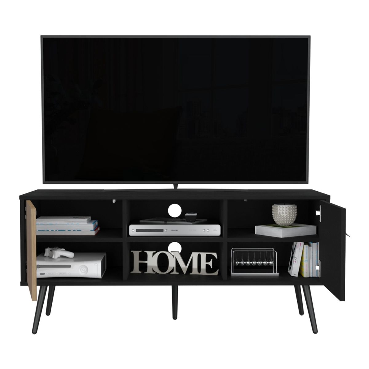 FMFURNITURE - Rack TV 47" Con 2 Puertas 2 Repisas Fm-021N Negro
