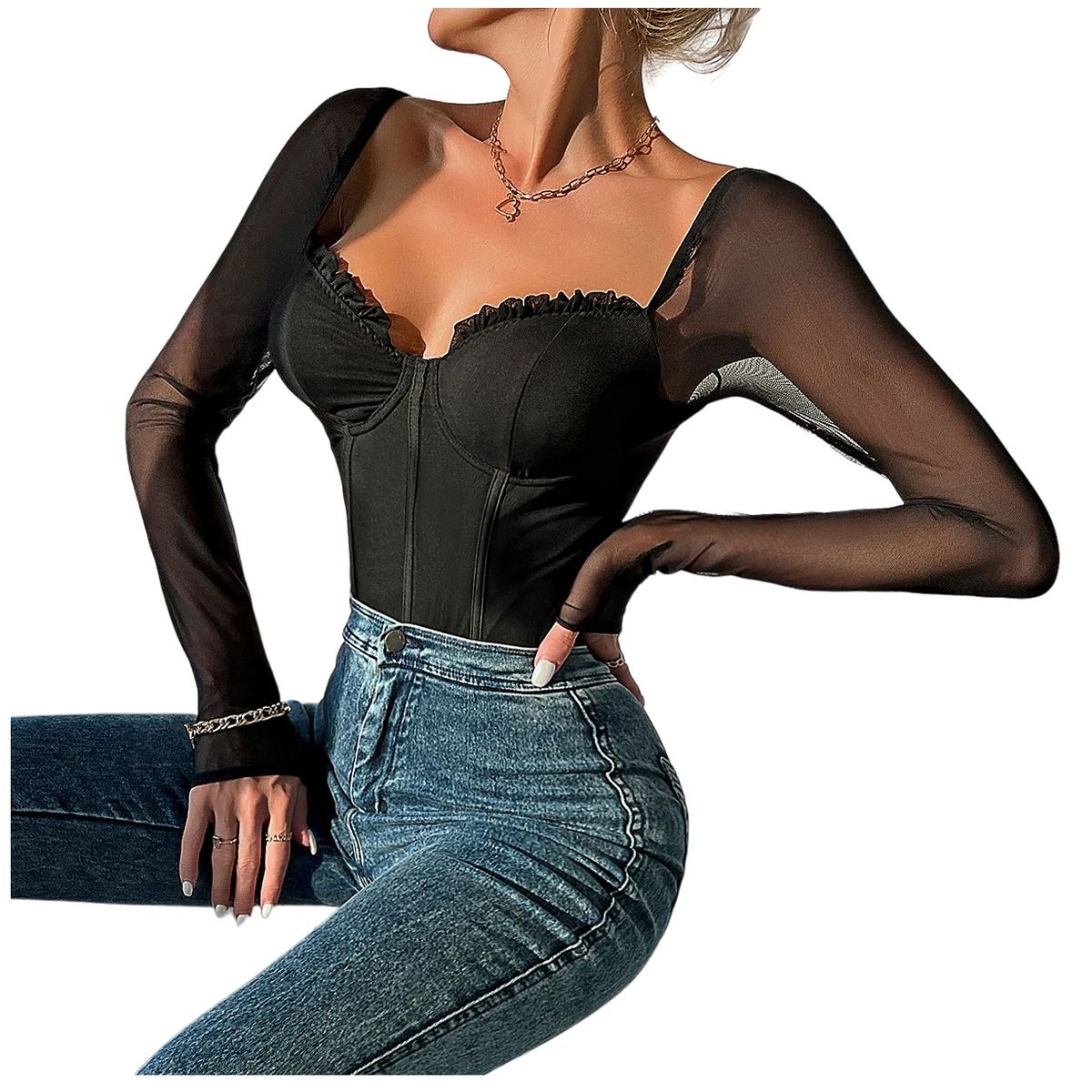 GARSIL - Body De Manga Larga - Eslpalda Translúcida - Escote Corazón Para Mujer