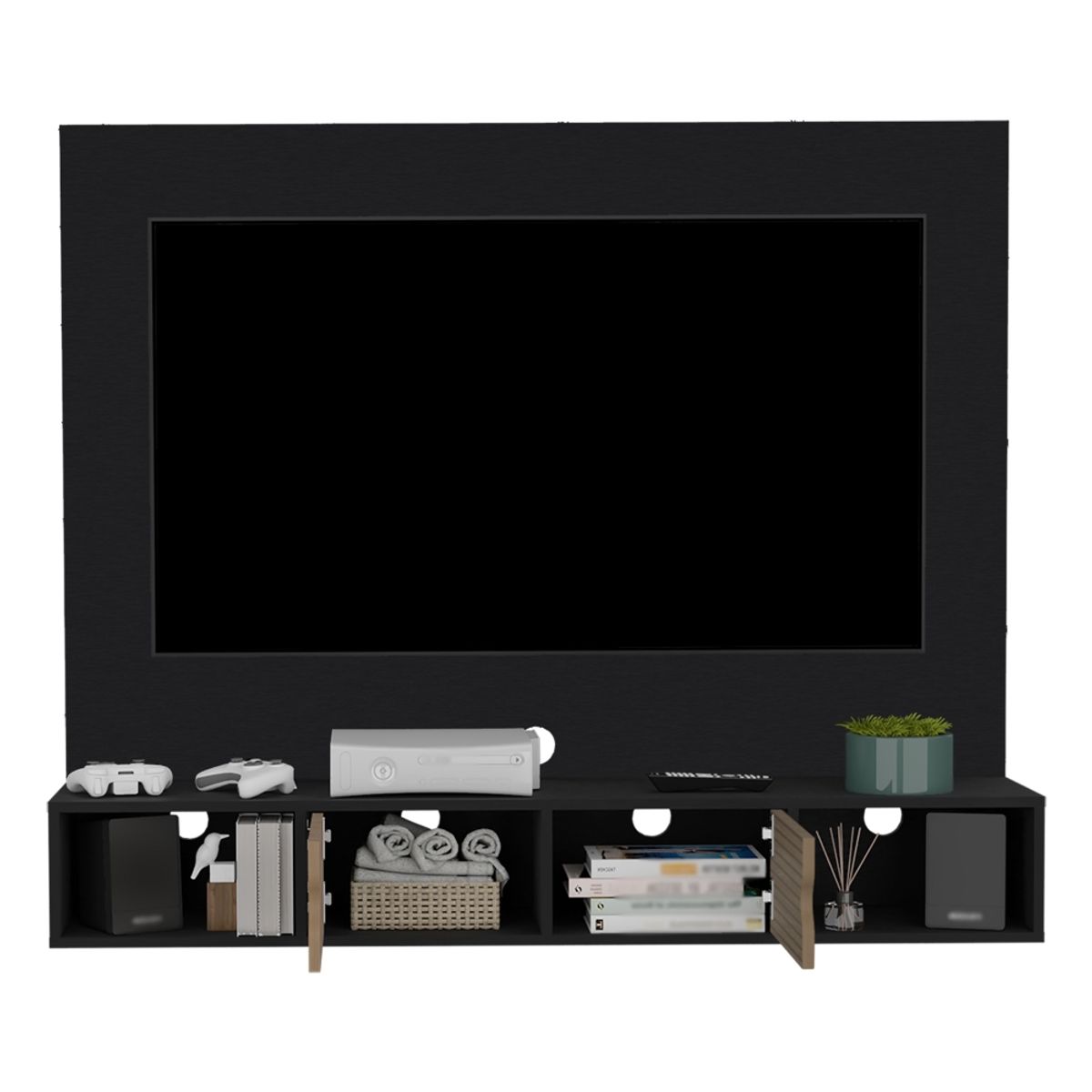 FMFURNITURE - Panel TV 56" Con 2 Repisas Y 2 Puertas  Fm-008N Negro