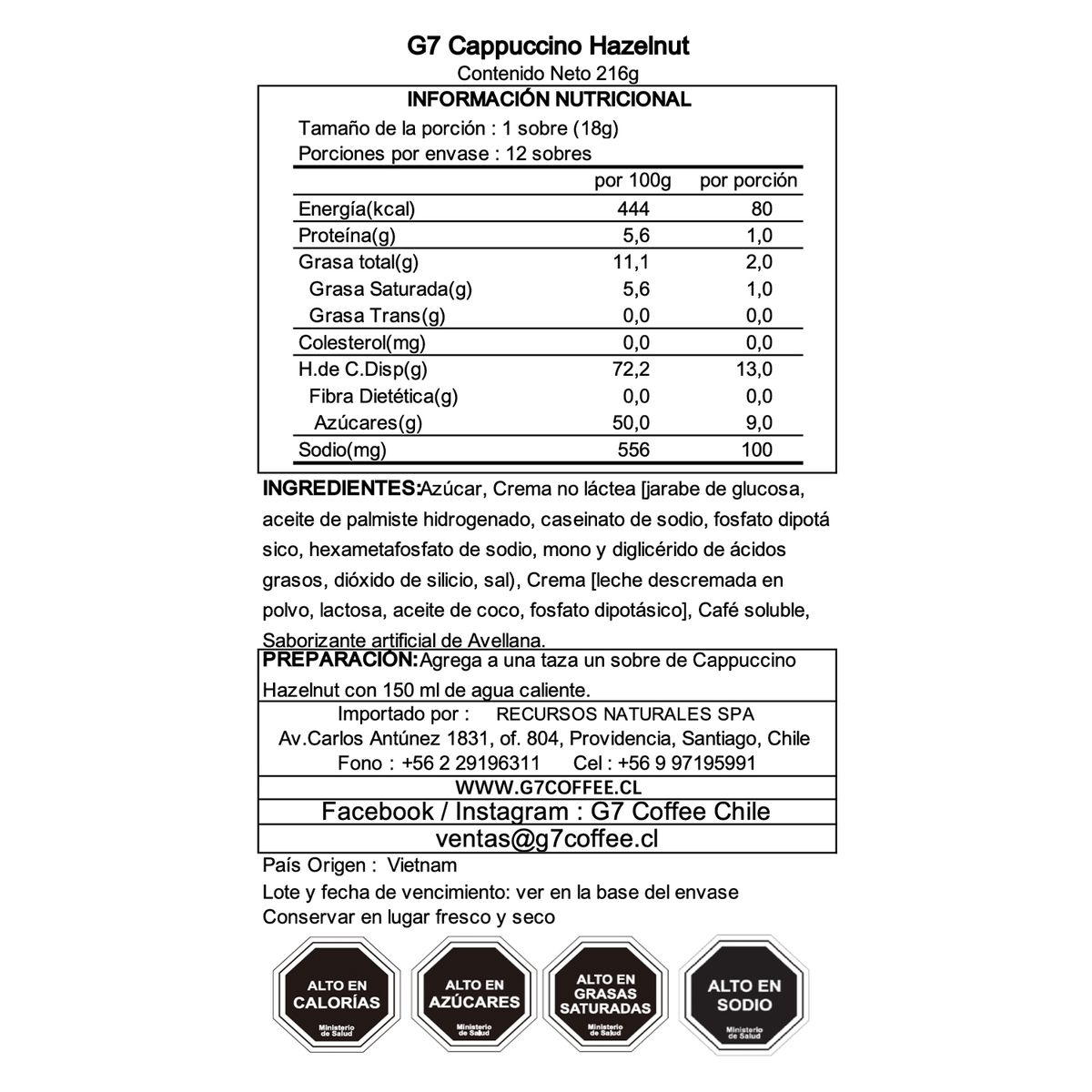 G7 COFFEE - Café Cappuccino Avellana G7 Coffee 12 Sobres - Trung Nguyen