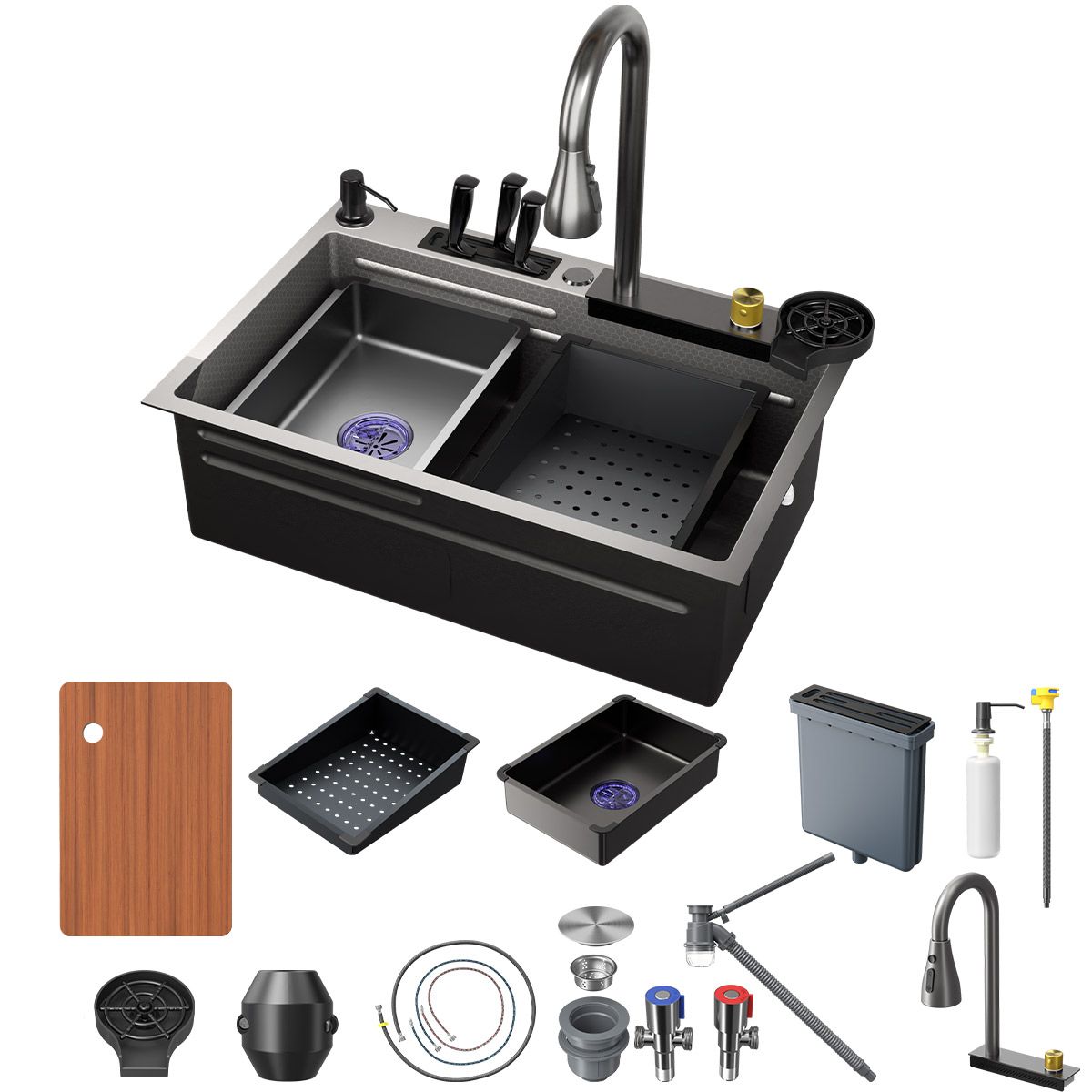 HALMAN - Fregadero Cocina 304 Acero Inox Doble Tamaño Negro  65x40x21cm