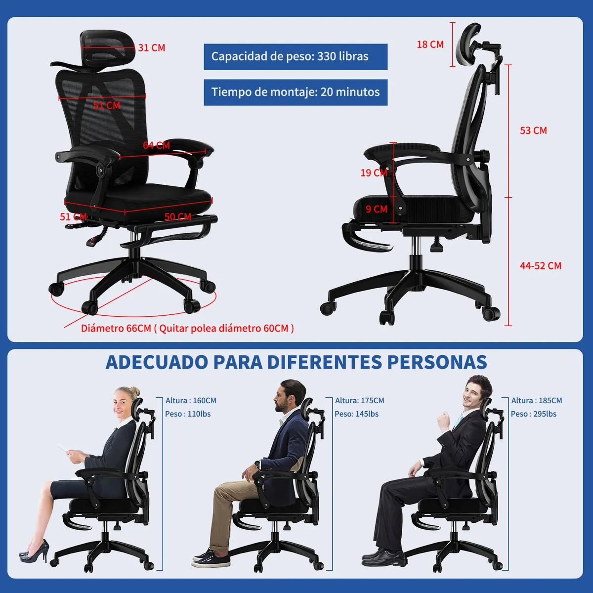 HALMAN - Silla De Escritorio Negra Ergonómica Elevable Tapizado